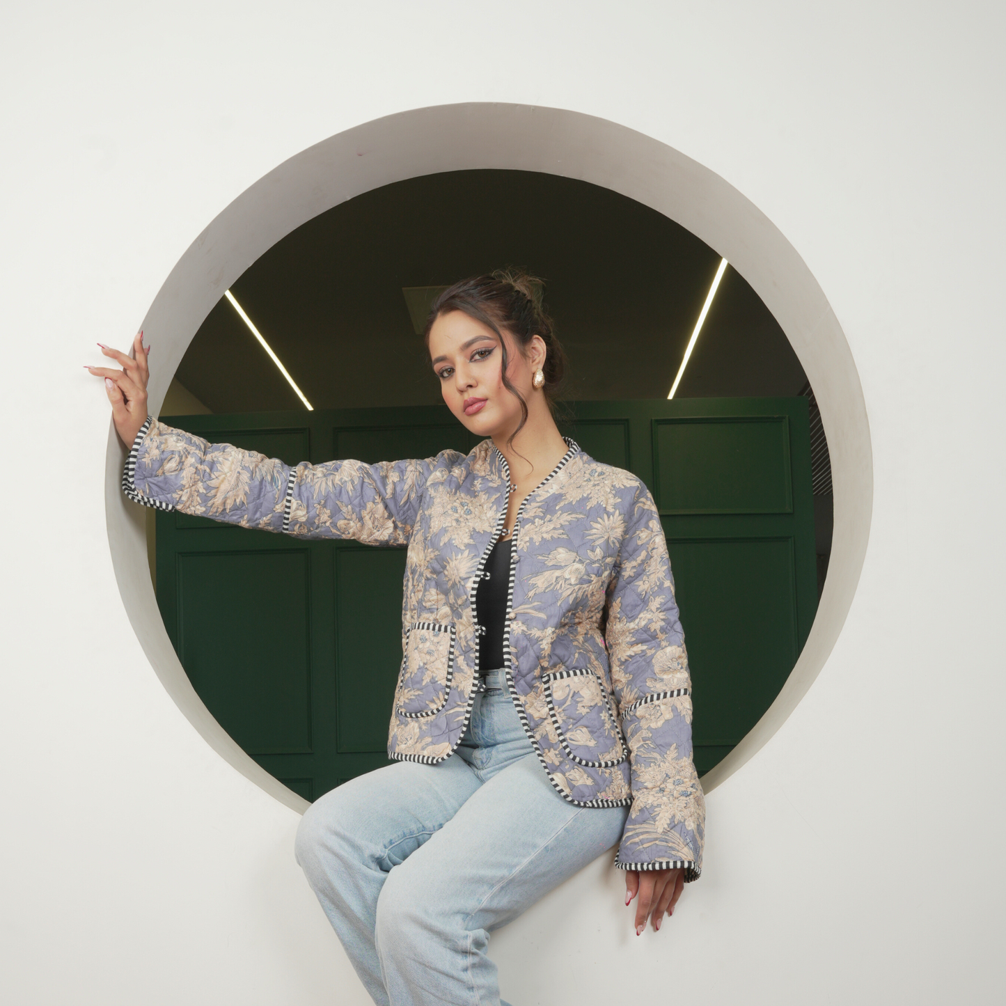 Soulstitch Majestic Blue Grey | Handmade Block Print Premium Cotton Reversible Jackets | For Women