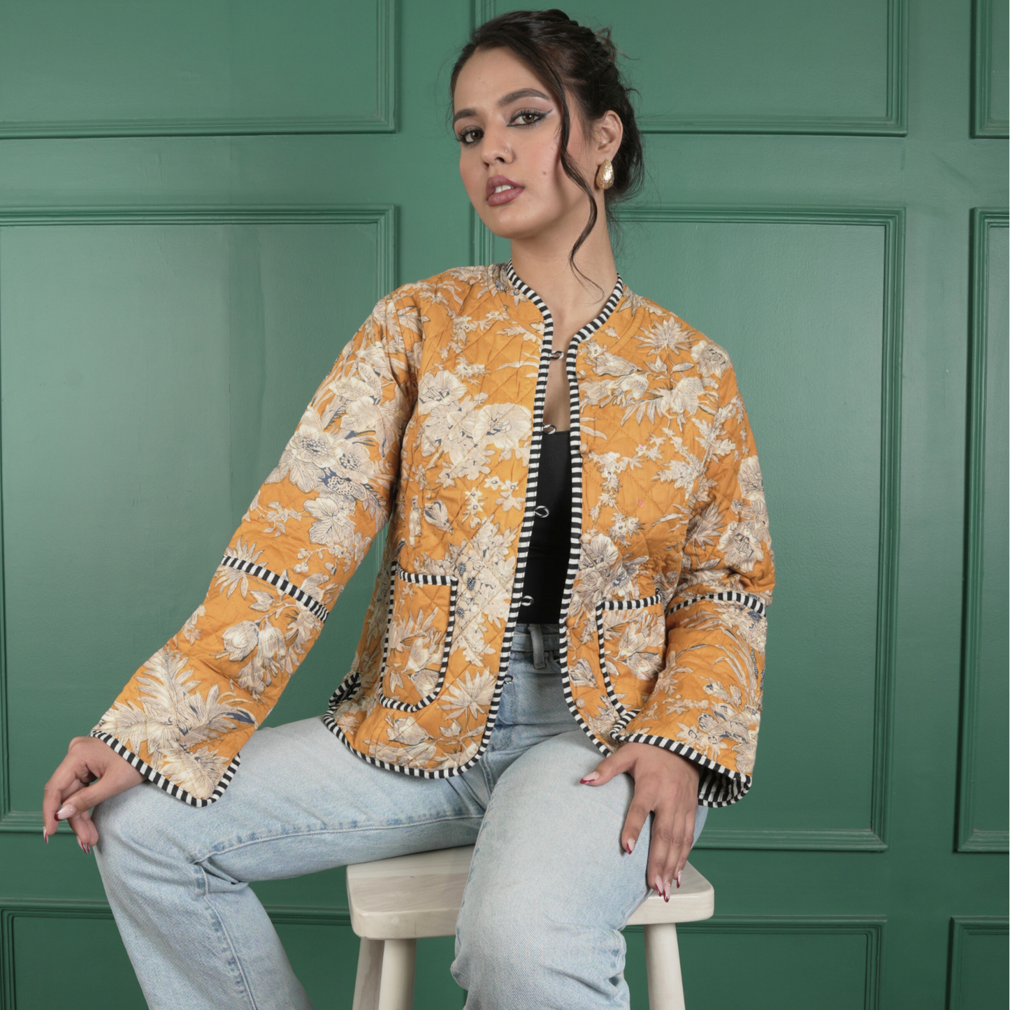 Soulstitch Sunset Gold | Handmade Block Print Premium Cotton Reversible Jackets | For Women