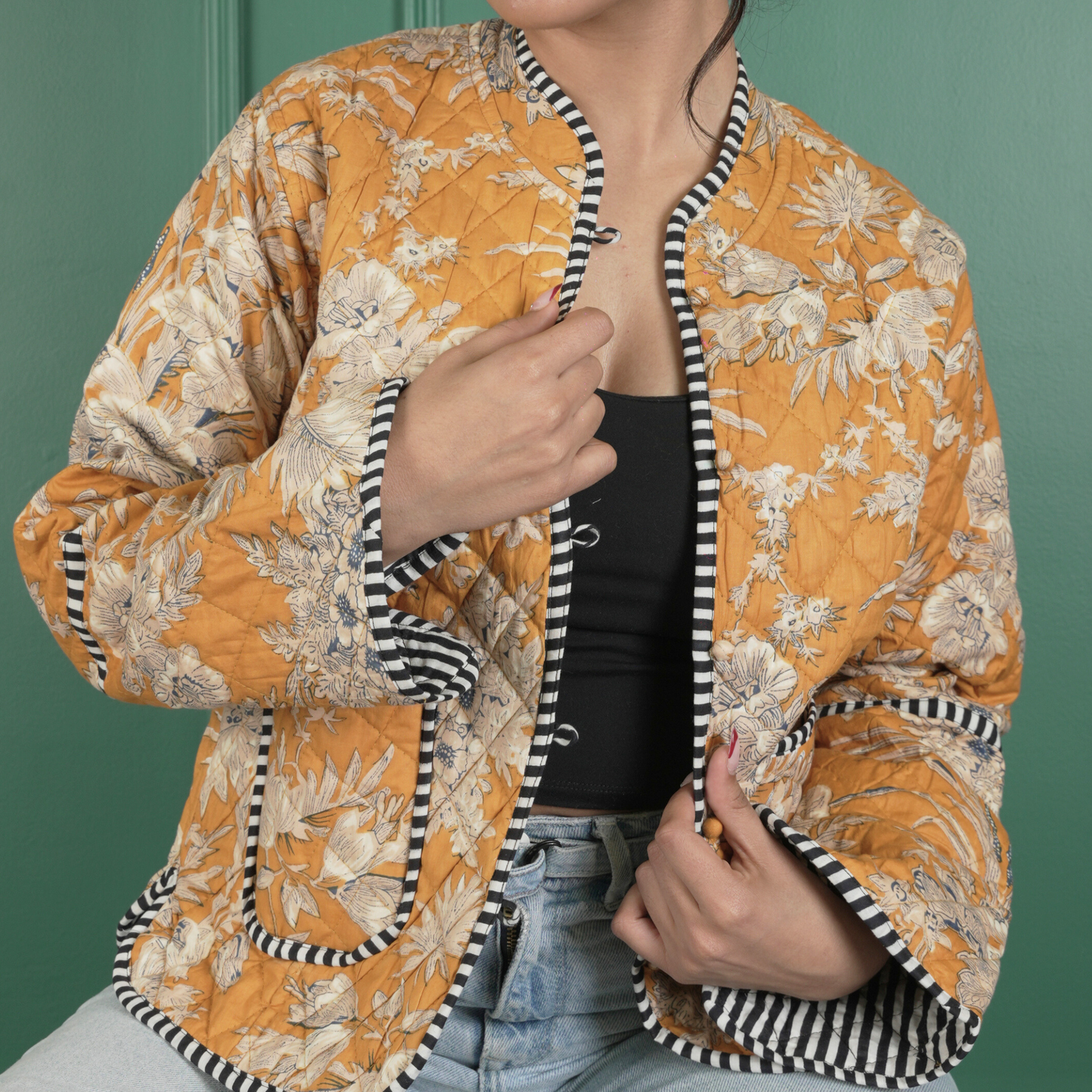 Soulstitch Sunset Gold | Handmade Block Print Premium Cotton Reversible Jackets | For Women