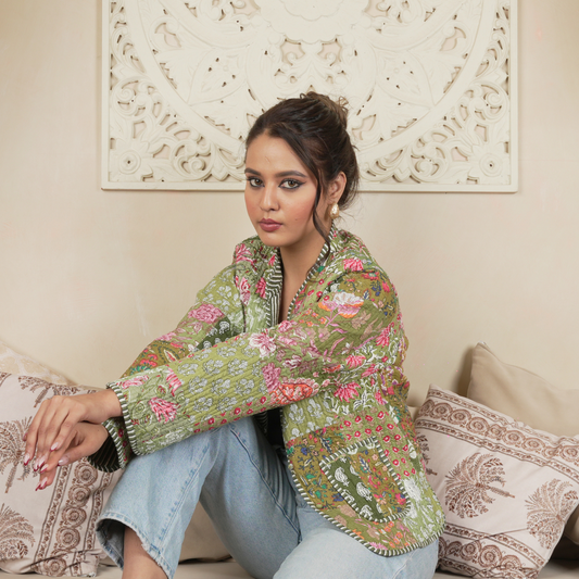 Soulstitch Meadow Green | Handmade Block Print Premium Cotton Reversible Jackets | For Women