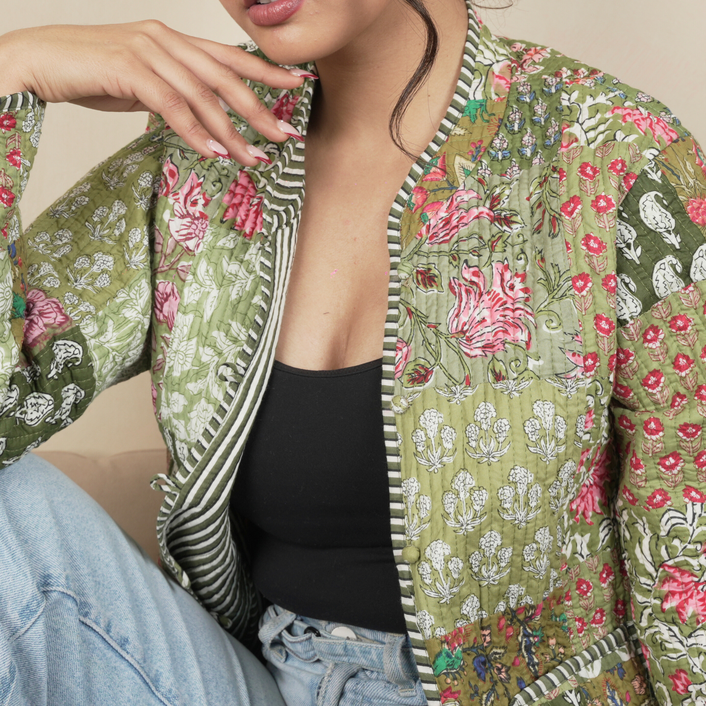 Soulstitch Meadow Green | Handmade Block Print Premium Cotton Reversible Jackets | For Women