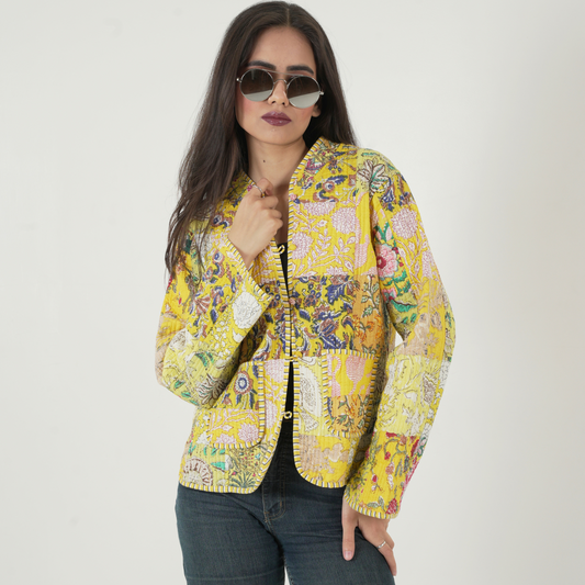 Soulstitch Sunlit  Yellow | Handmade Block Print Premium Cotton Reversible Jackets | For Women