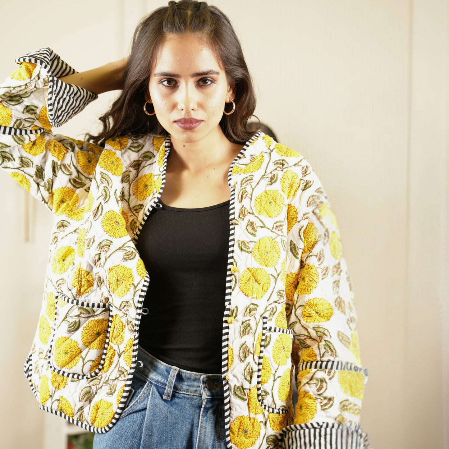 SoulStitch Marigold Yellow | Handmade Block Print Premium Cotton Reversible Jackets | For Women