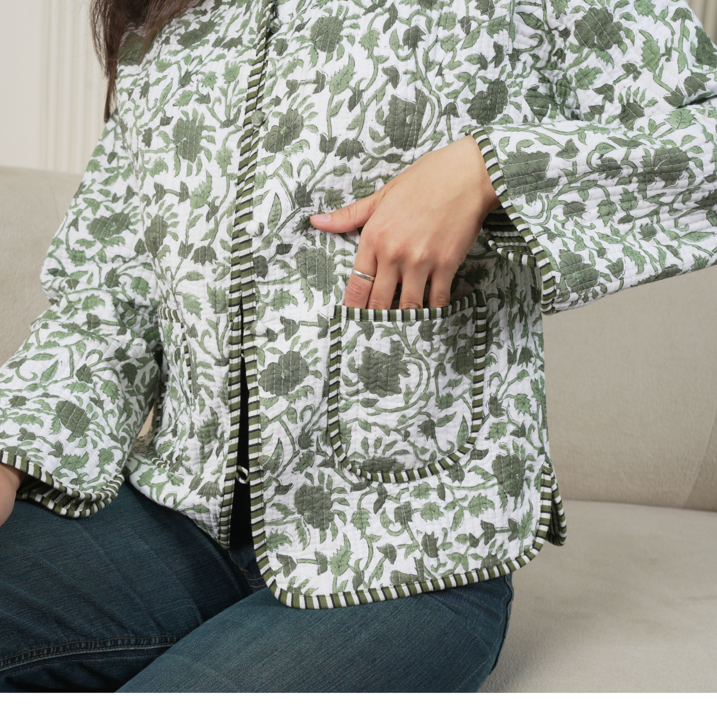 Soulstitch Enchanted Green | Handmade Block Print Premium Cotton Reversible Jackets | For Women