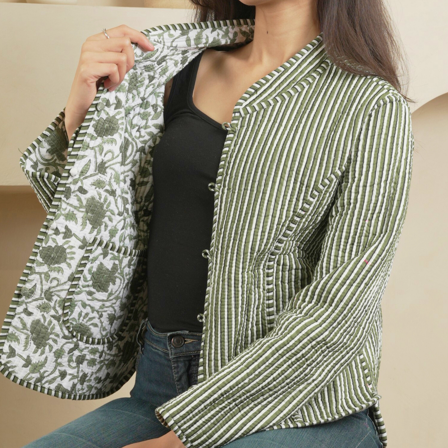 Soulstitch Enchanted Green | Handmade Block Print Premium Cotton Reversible Jackets | For Women