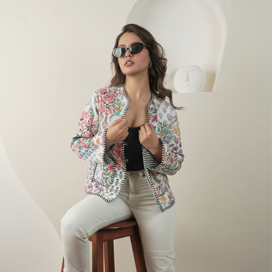 Soulstitch Garden White | Handmade Block Print Premium Cotton Reversible Jackets | For Women