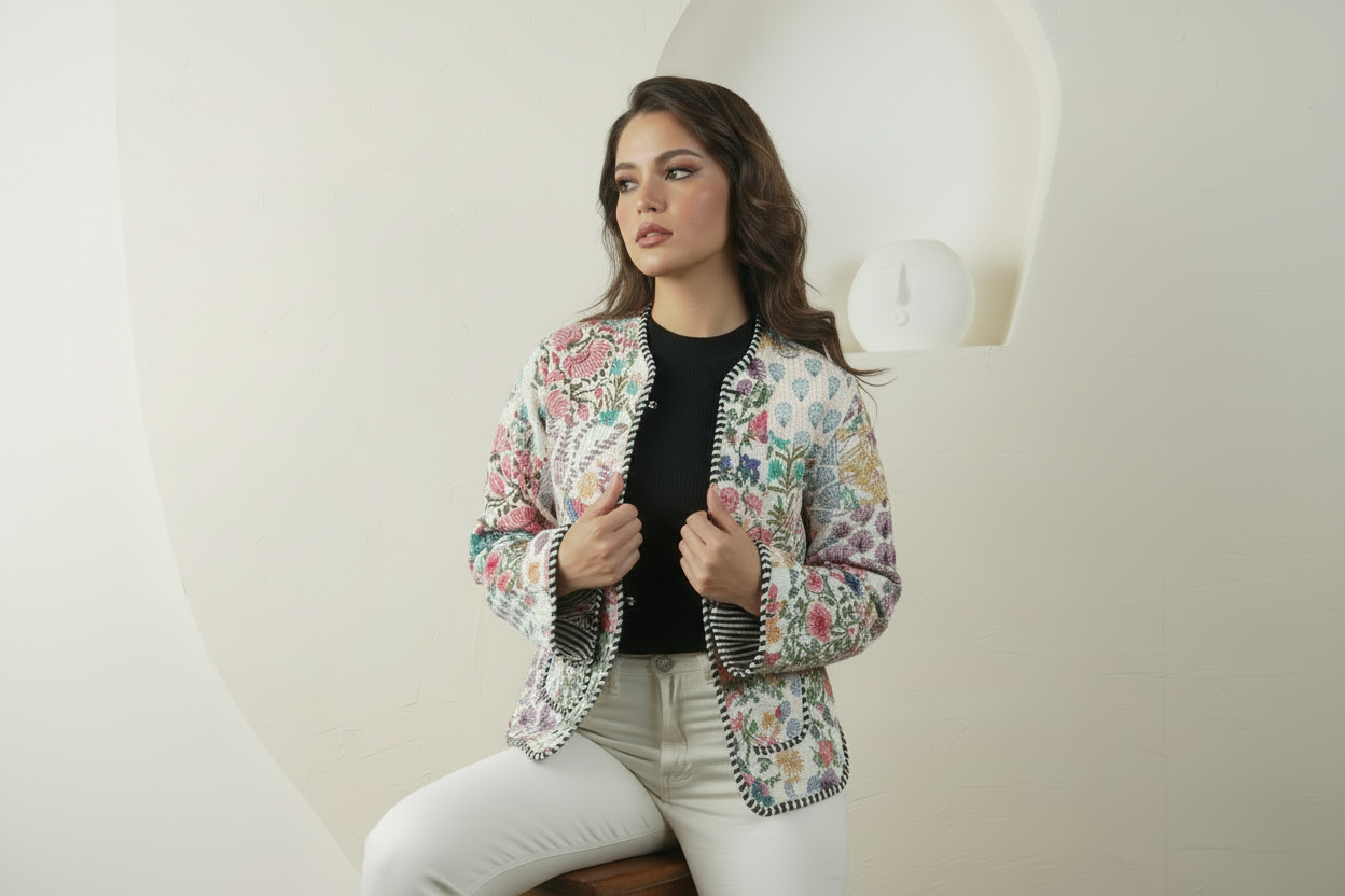 Soulstitch Garden White | Handmade Block Print Premium Cotton Reversible Jackets | For Women