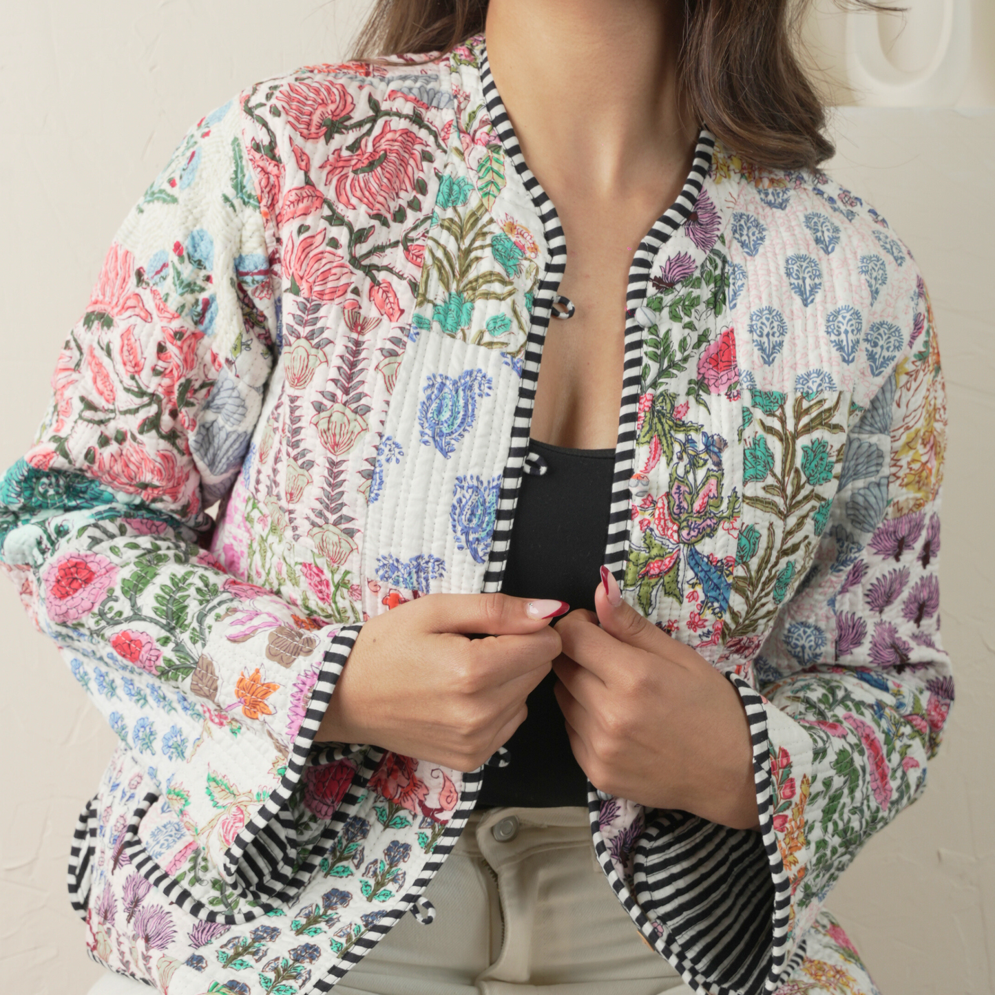 Soulstitch Garden White | Handmade Block Print Premium Cotton Reversible Jackets | For Women