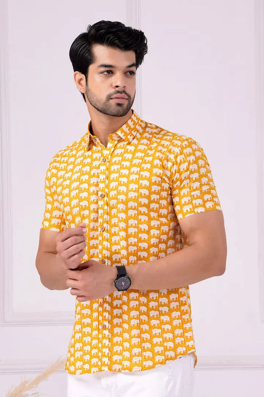 Yellow majestic elephant | Handmade Block Print Premium Cotton shirts for men | Regular Fit