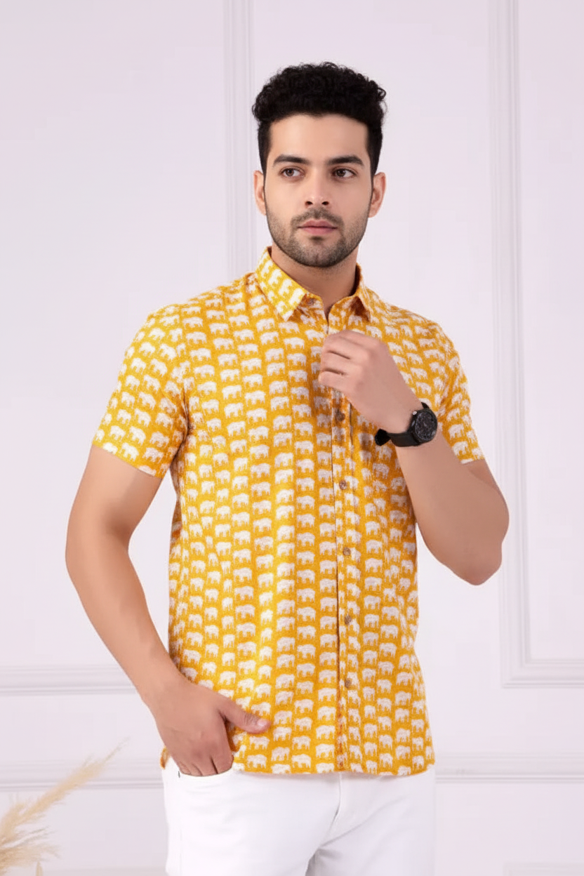 Yellow majestic elephant | Handmade Block Print Premium Cotton shirts for men | Regular Fit