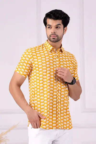 Yellow majestic elephant | Handmade Block Print Premium Cotton shirts for men | Regular Fit