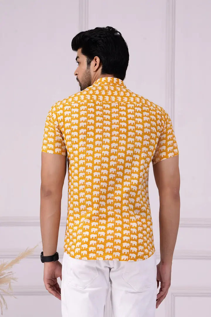 Yellow majestic elephant | Handmade Block Print Premium Cotton shirts for men | Regular Fit