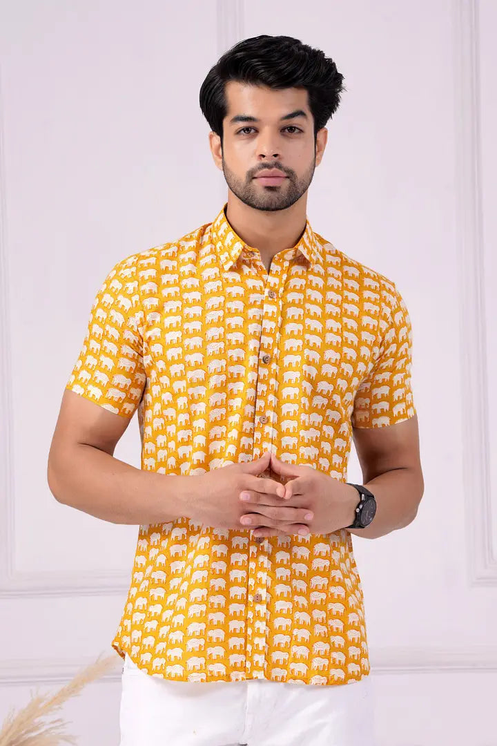 Yellow majestic elephant | Handmade Block Print Premium Cotton shirts for men | Regular Fit