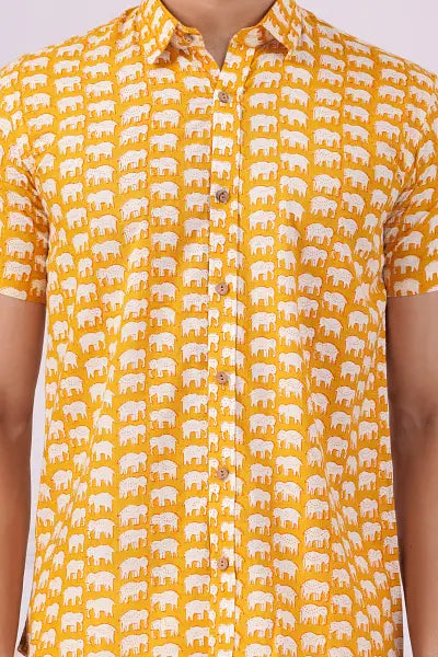 Yellow majestic elephant | Handmade Block Print Premium Cotton shirts for men | Regular Fit