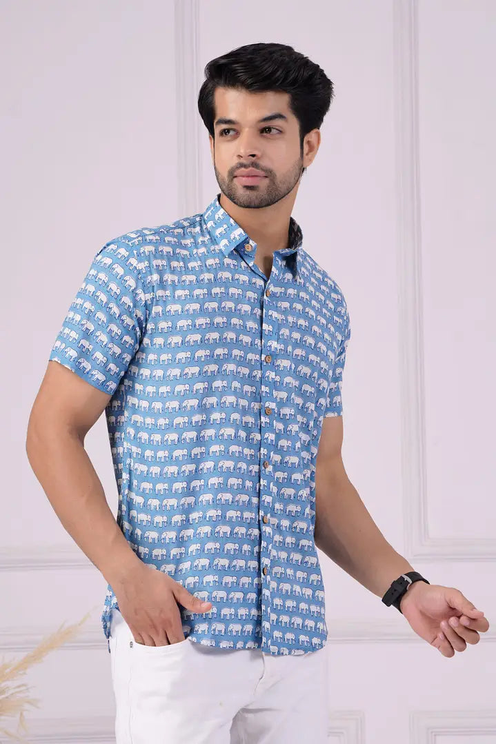 Blue Majestic Elephant | Handmade Block Print Premium Cotton shirts for men | Regular Fit