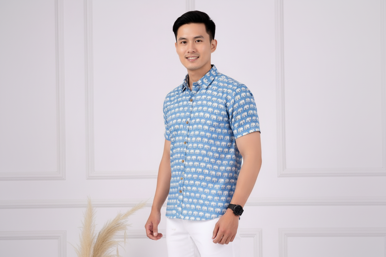Blue Majestic Elephant | Handmade Block Print Premium Cotton shirts for men | Regular Fit