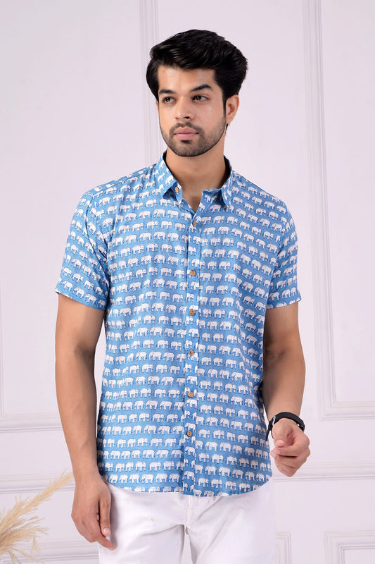 Blue Majestic Elephant | Handmade Block Print Premium Cotton shirts for men | Regular Fit