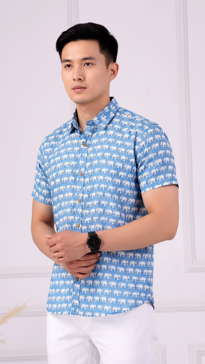 Blue Majestic Elephant | Handmade Block Print Premium Cotton shirts for men | Regular Fit