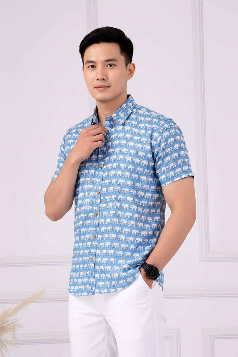 Blue Majestic Elephant | Handmade Block Print Premium Cotton shirts for men | Regular Fit