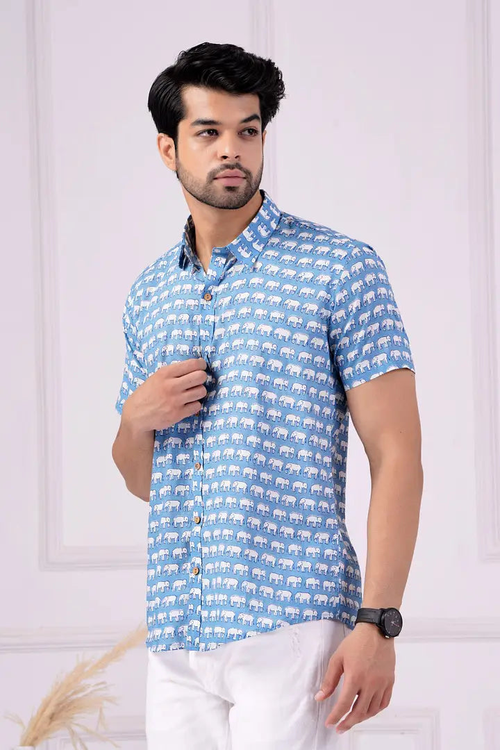 Blue Majestic Elephant | Handmade Block Print Premium Cotton shirts for men | Regular Fit