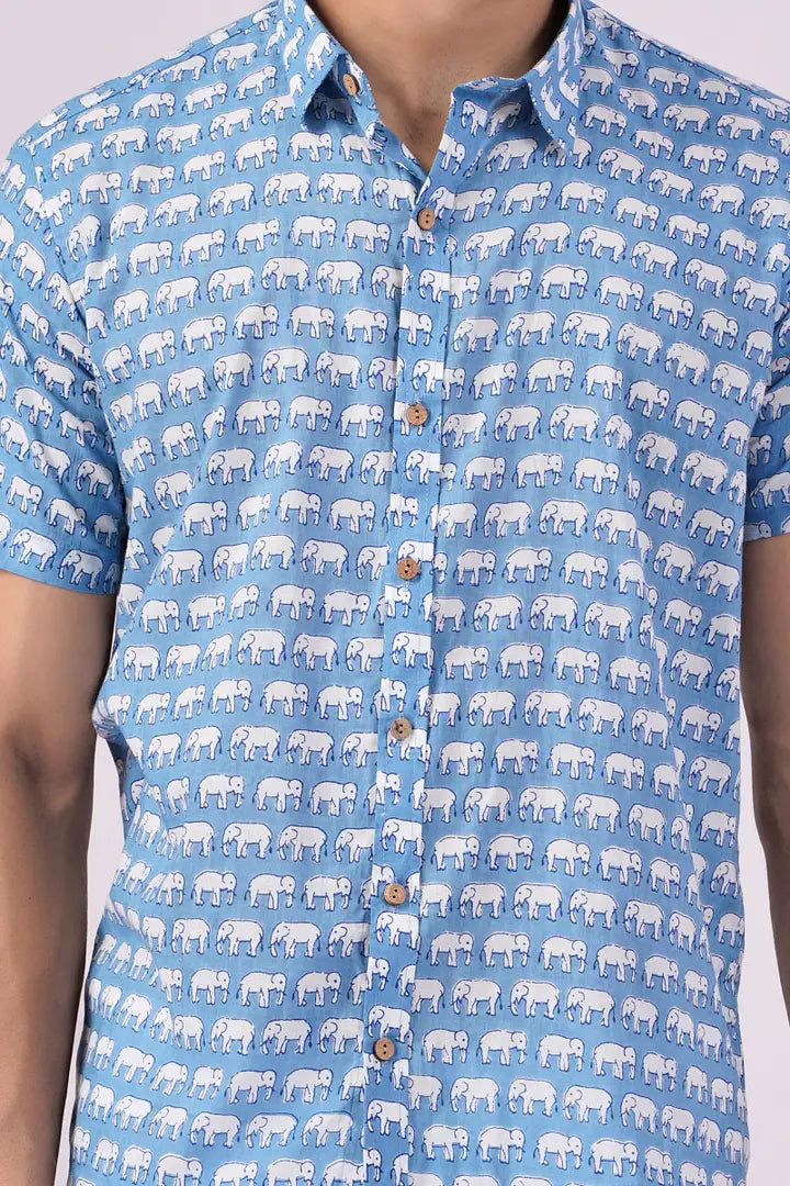 Blue Majestic Elephant | Handmade Block Print Premium Cotton shirts for men | Regular Fit