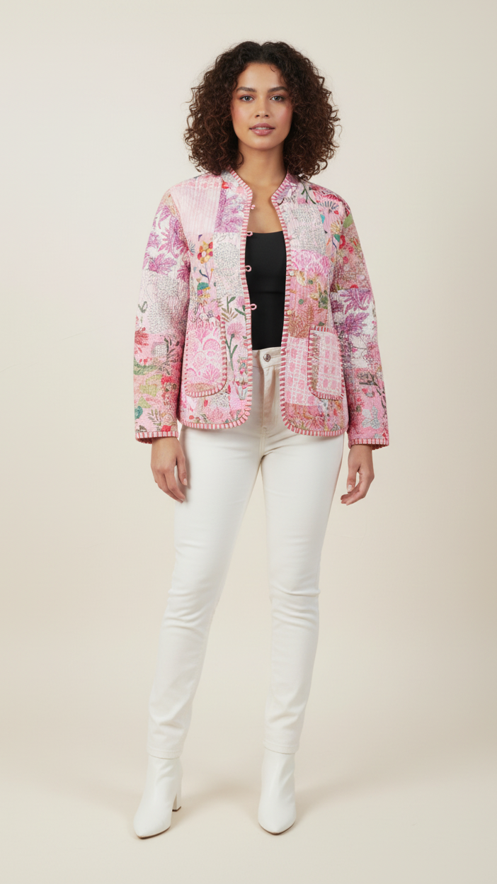 SoulStitch Sakura Pink | Handmade Block Print Premium Cotton Reversible Jackets | For Women