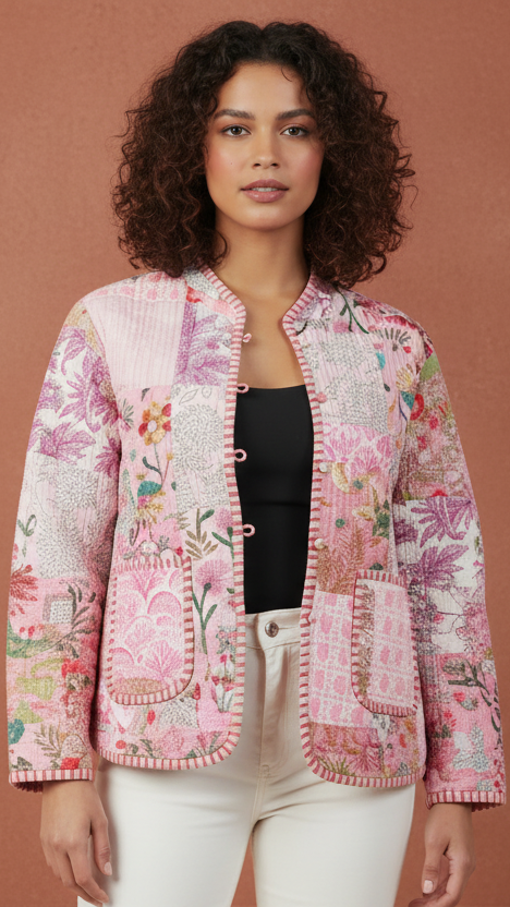 SoulStitch Sakura Pink | Handmade Block Print Premium Cotton Reversible Jackets | For Women