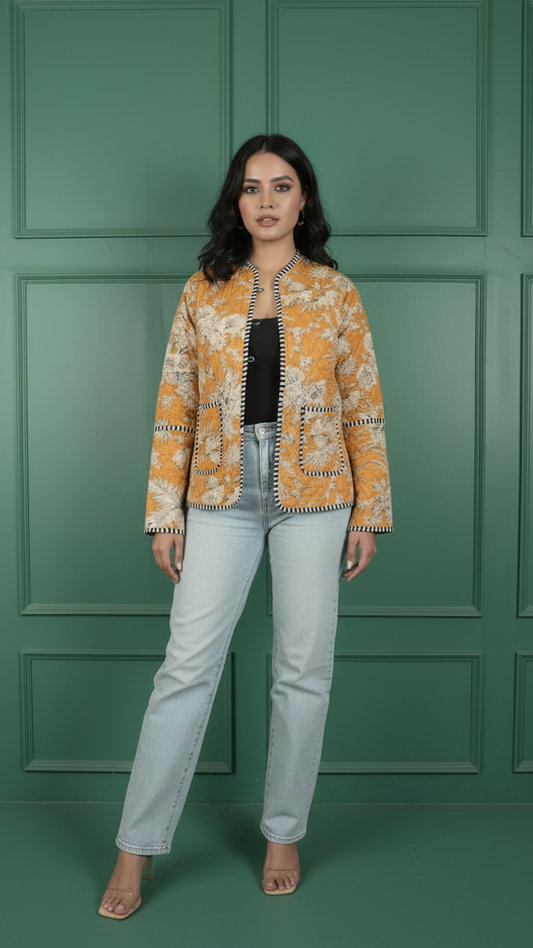 Soulstitch Sunset Gold | Handmade Block Print Premium Cotton Reversible Jackets | For Women