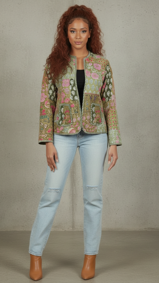 Soulstitch Meadow Green | Handmade Block Print Premium Cotton Reversible Jackets | For Women