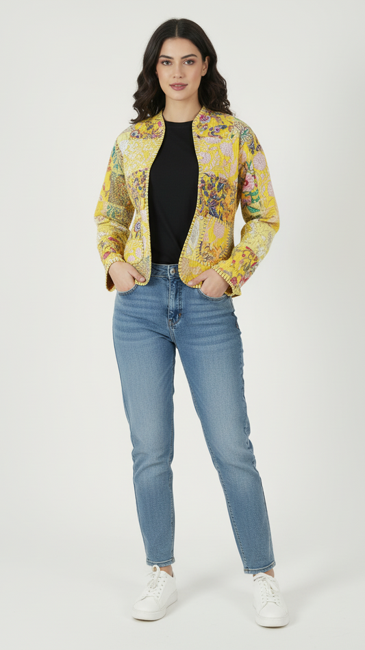Soulstitch Sunlit  Yellow | Handmade Block Print Premium Cotton Reversible Jackets | For Women