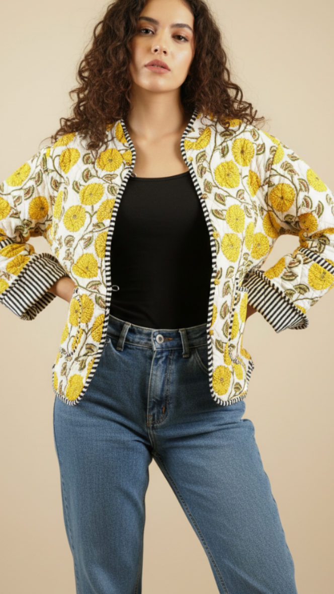SoulStitch Marigold Yellow | Handmade Block Print Premium Cotton Reversible Jackets | For Women