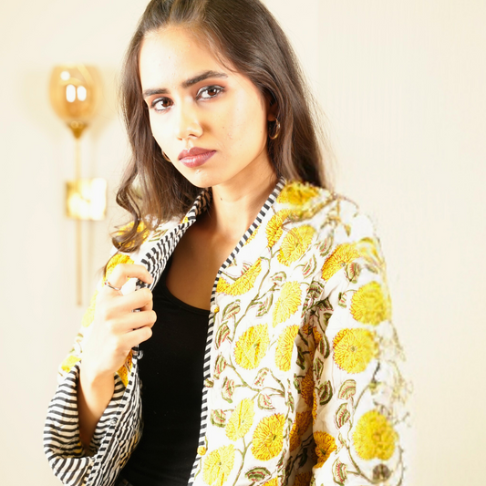 SoulStitch Marigold Yellow | Handmade Block Print Premium Cotton Reversible Jackets | For Women