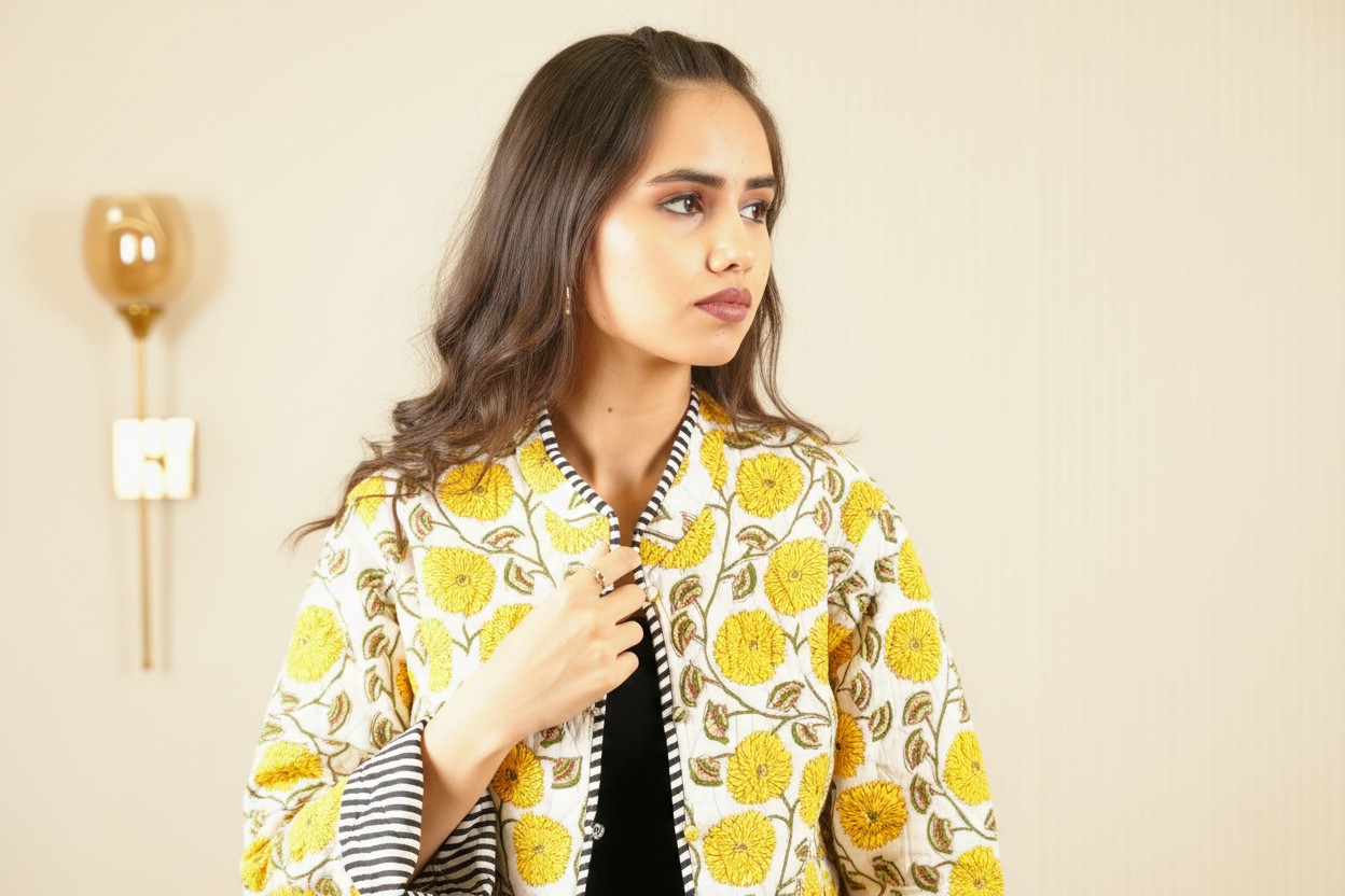 SoulStitch Marigold Yellow | Handmade Block Print Premium Cotton Reversible Jackets | For Women