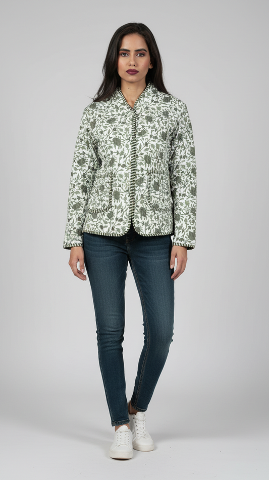 Soulstitch Enchanted Green | Handmade Block Print Premium Cotton Reversible Jackets | For Women