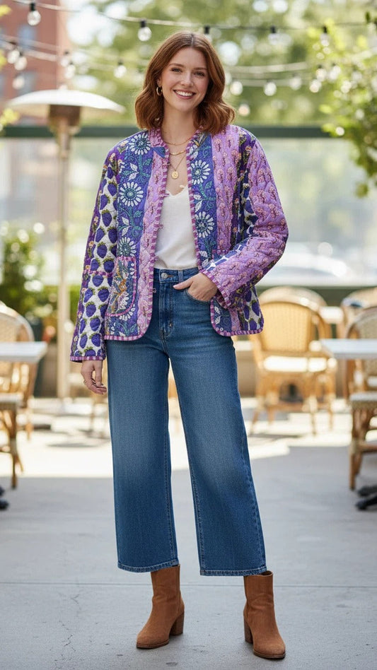 Soulstitch Purple Strawberry | Handmade Block Print Premium Cotton Reversible Jackets | For Women