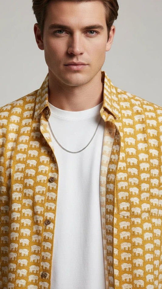 Yellow majestic elephant | Handmade Block Print Premium Cotton shirts for men | Regular Fit