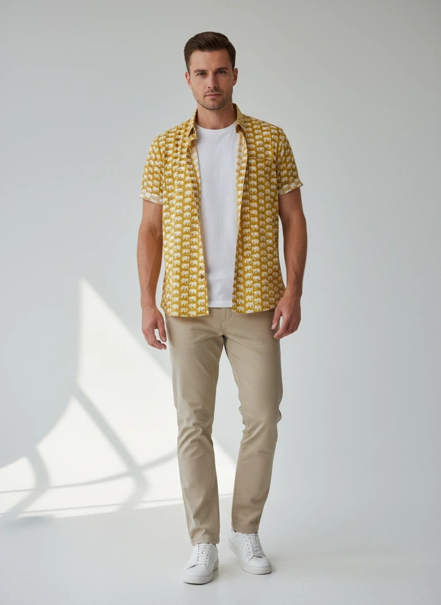 Yellow majestic elephant | Handmade Block Print Premium Cotton shirts for men | Regular Fit